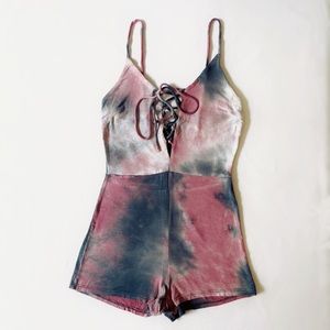 Juniors Sz S Tie-Dye Lace-Up Romper